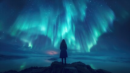 Bright aurora and girl on the mountain top at night Landscape with polar lights starry sky - obrazy, fototapety, plakaty