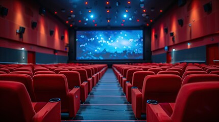 movie screen showing and people in red chairs in the movie theater People watching a movie show