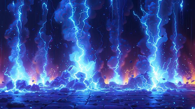Lightning animation cartoon Animation frames of electric attacks, magic electric attacks Game collection of glowing blue storm lightning.