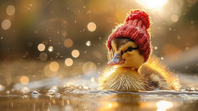 Close-up photo of ducklings Wear a red wool hat floating on the surface of the water In the warm sunlight Along with water drops and water mist, it gives a bright and cute feeling.