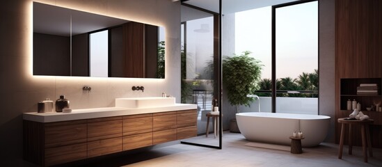 A modern, elegant bathroom featuring a bathtub, sink, and large mirror on a wooden basin cabinet. The sleek design and clean lines create a stylish and functional space for daily use.