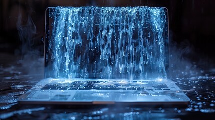 Laptop with waterfall flowing from the screen