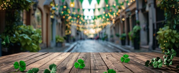 Rustic wooden surface with scattered clover leaves, set against a vibrant city street adorned with festive lights and greenery - obrazy, fototapety, plakaty