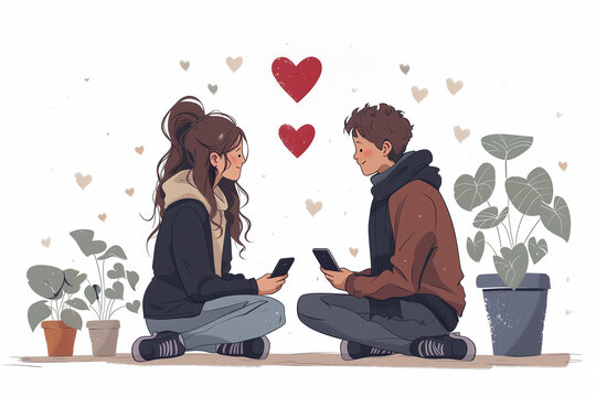 illustration of young couple sending love text messages