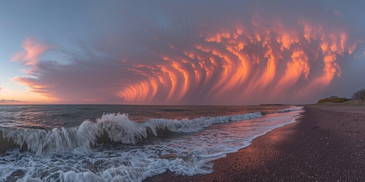 Majestic Mammatus Clouds at Sunset with Beautiful Pink Sky over Calm Beach