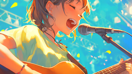 close up of anime girl idol singing - obrazy, fototapety, plakaty
