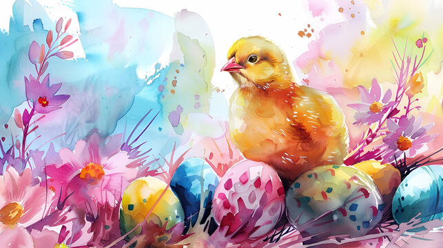 Easter Theme Watercolor Painting of a Chick and Colorful Dyed Eggs
