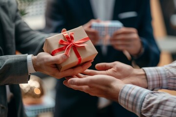Close-up view of hands Giving a gift box, Person hand giving the gift with blur background