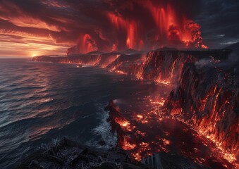 Coastal Cliff Eruption with Lava Flows into the Ocean under Menacing Red Clouds