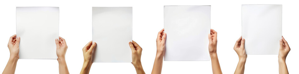 Hands holding a sheet of white A4 paper  Hyperrealistic Highly Detailed Isolated On Transparent Background Png File - obrazy, fototapety, plakaty