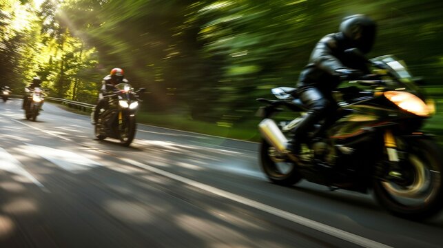 a group of motorcycle riding on the road together, speeding and overtaking, summer activity