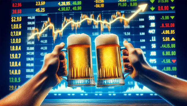 株価上昇で喜びビールジョッキで乾杯をする男性