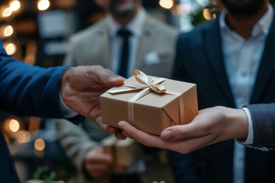 Close-up view of hands Giving a gift box, Person hand giving the gift with blur background