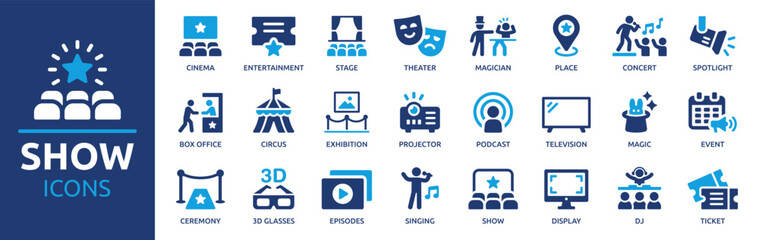 Show icon set. Containing entertainment, stage, spotlight, cinema, ticket, theater, magician, concert, event, circus and more. Solid vector icons collection.