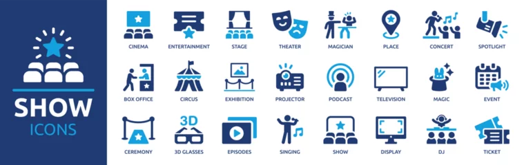 Foto auf Acrylglas Show icon set. Containing entertainment, stage, spotlight, cinema, ticket, theater, magician, concert, event, circus and more. Solid vector icons collection. © Icons-Studio