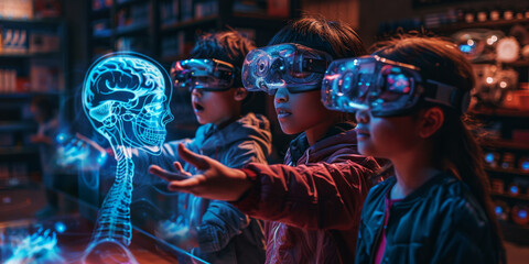 Young Minds Embracing Tech.
School children wearing augmented reality glasses engage with a 3D brain model, symbolizing the intersection of technology and education. - obrazy, fototapety, plakaty