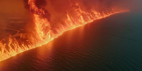 Panoramic view of a coastal wildfire, an alarming illustration of the destructive power of nature and the resilience needed in the face of environmental emergencies - obrazy, fototapety, plakaty