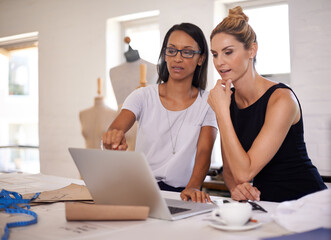 Teamwork, fashion designer and business women on laptop for website, online shopping or inventory....