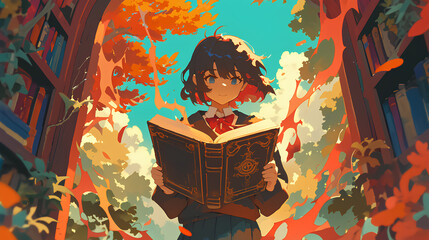 anime girl reading a cursed spell book - obrazy, fototapety, plakaty