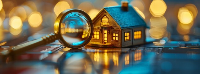 Close-up of a golden house model under a magnifying glass with a warm bokeh background, symbolizing real estate evaluation. - obrazy, fototapety, plakaty
