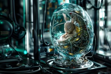 Cute Bunny rabbit co-pilot in interstellar spaceship. Technology, science, space and Easter concept. 