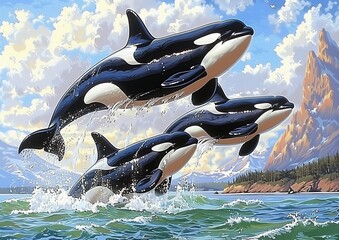 Pod of orcas leaping joyfully above the ocean's surface with majestic mountains under a clear sky, depicting the harmony of marine life in its natural habitat