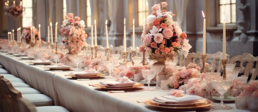 A long table adorned with a colorful array of flowers, creating a festive and elegant wedding decor. The vibrant blooms add a touch of celebration and sophistication to the banquet table.