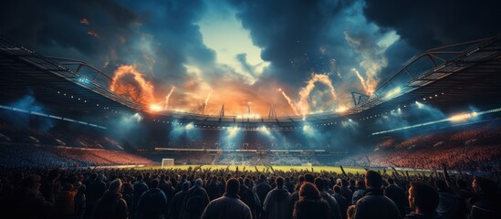 back view inside soccer stadium with Fans on stadium - Powered by Adobe