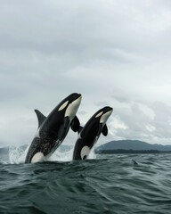 Realistic image of two orcas breaching in sync near the coastline under cloudy skies, a scene showcasing their playful behavior and the beauty of their natural environment