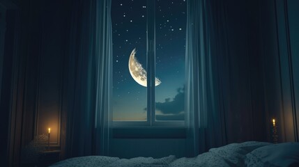 Crescent moon in night sky shining through a bedroom window 8k
