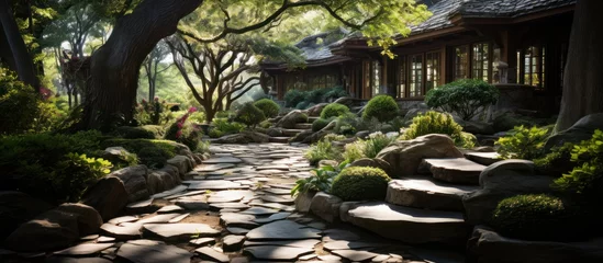 Poster A stone garden path winds through the home's backyard © GoDress