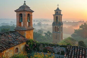 A colorful bell tower with a beautiful view of the cityscape - obrazy, fototapety, plakaty