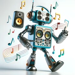 3D rendered illustration of dancing robot with loudspeakers on white background, electronic music concept