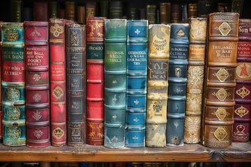 Selbstklebende Fototapeten Multilingual Bibles on the Bookshelf: The Diversity and Significance of Scripture © ЮРИЙ ПОЗДНИКОВ