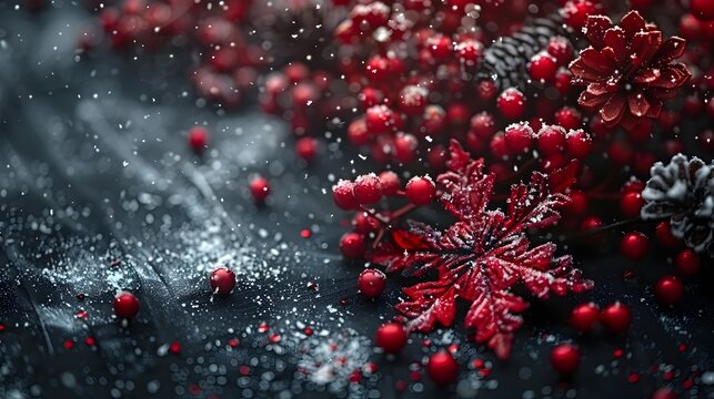 New Year Concept Close-up of Red Snowflakes and Berries on Black Table - Christmas Decoration