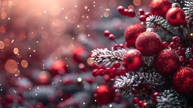 Close-up of Red Berries and Balls on a Snowy Christmas Tree, To provide a high-quality, festive image for use in holiday-themed designs and marketing