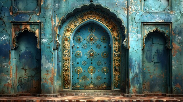 Blue and Gold Indian Temple Door with Intricate Patterns and Lotus Flowers - Mysterious Atmosphere