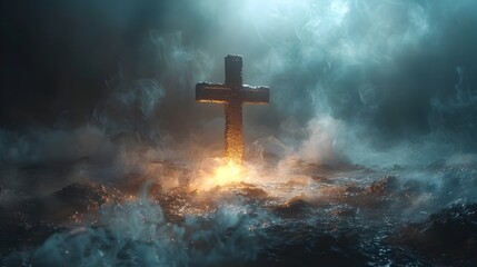 Golden Cross Glowing Amidst Stormy Sea and Smoke, This image would be perfect for conveying a sense of hope and faith in the face of adversity, and