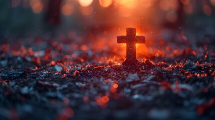 Cross in the Ashes at Sunset, This image captures the contrast between the warm sunlight and cool darkness, making it perfect for conveying a sense