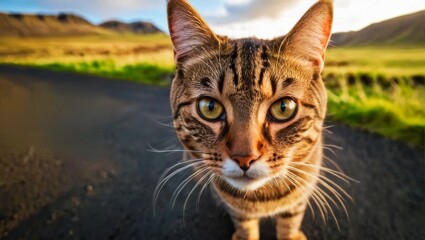 A captivating close-up of a tabby cat with striking eyes and patterned fur