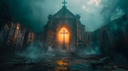 Abandoned Church at Night with Glowing Cross in Misty Atmosphere