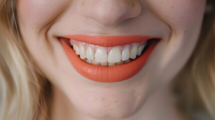 Womans Radiant Smile with White Teeth and Orange Lipstick