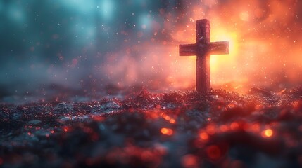 Wooden Cross Glowing in Cinematic Red and Blue Light Particles