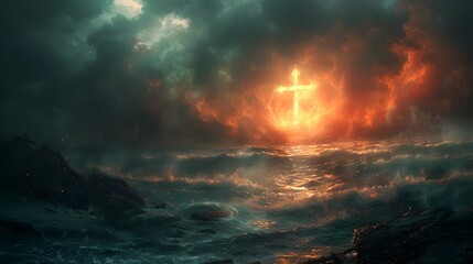 Divine Cross Illuminating Stormy Ocean at Dusk