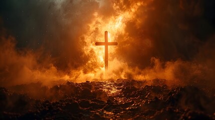 Fire Cross Glowing in Dark Sky over Sea of Flames and Smoke - Biblical Imagery