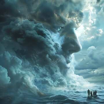 A furious and menacing shelf-cloud bearing a human-like visage, featuring a miniature depiction of Jesus walking on water with outstretched hand in a halting gesture, set against a backdrop of a large