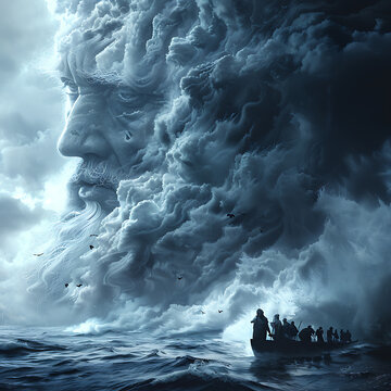 A furious and menacing shelf-cloud bearing a human-like visage, featuring a miniature depiction of Jesus walking on water with outstretched hand in a halting gesture, set against a backdrop of a large
