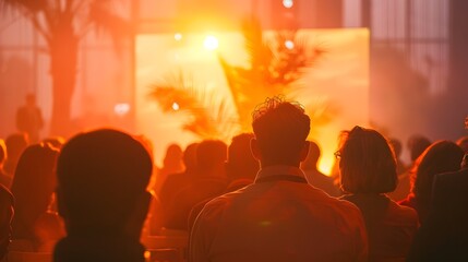 Crowd Gathered at Stage During Golden Hour, To convey a lively and engaging atmosphere during an open-air press conference or a design summit - obrazy, fototapety, plakaty