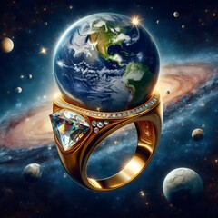 Huge gold ring floating in cosmic space with blue planet Earth on it, Earth world as jewel concept