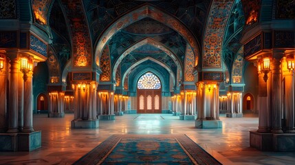 Intricately Patterned Mosque Interior with Vibrant Hues and Glowing Lanterns